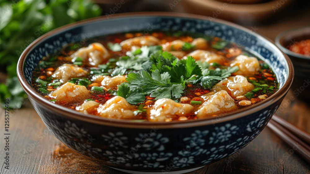 Chinese wonton soup served in a deep bowl with fresh cilantro and chili oil Chinese wonton soup served in a deep bowl with fresh cilantro and chili oil