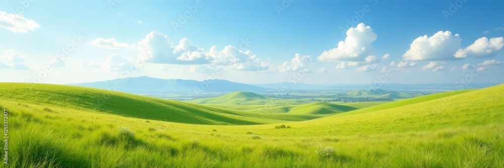 Obraz premium Soft white clouds float above steppe landscape, serene, spring