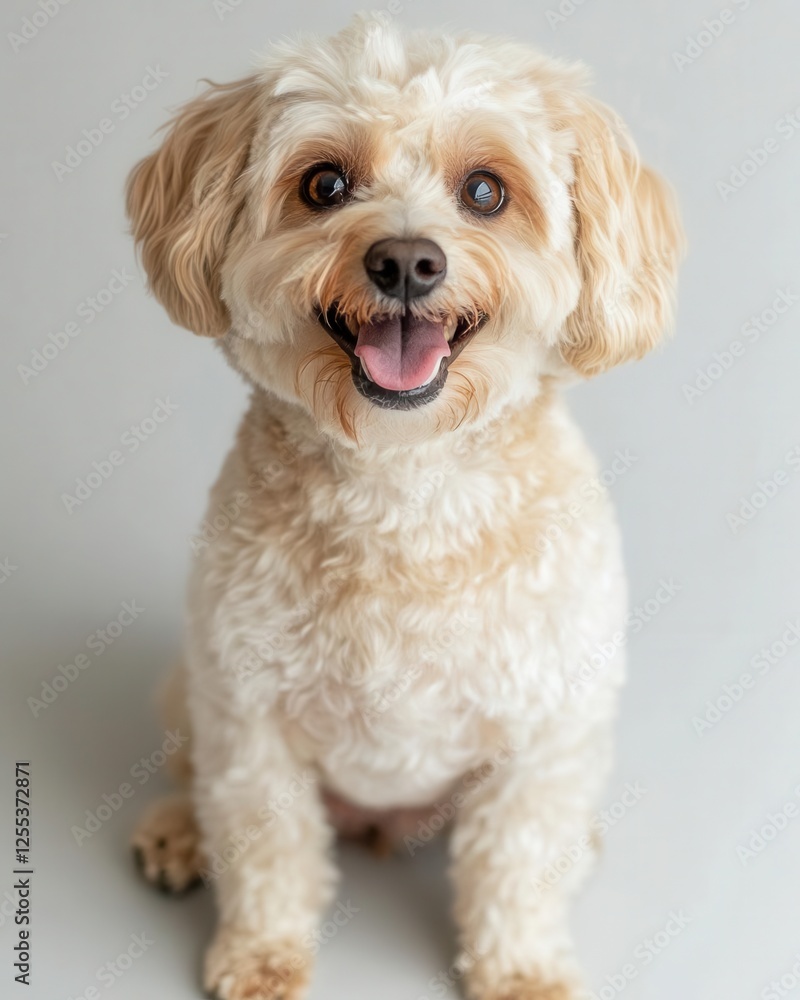 Cheerful Mixed Breed Dog Sitting Isolated on Pure White Studio Background Cheerful Mixed Breed Dog Sitting Isolated on Pure White Studio Background