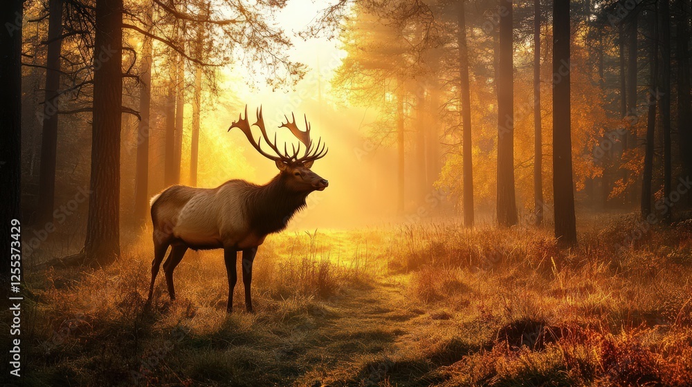 A majestic elk standing tall in a misty forest, the early morning sun filtering through the trees A majestic elk standing tall in a misty forest, the early morning sun filtering through the trees