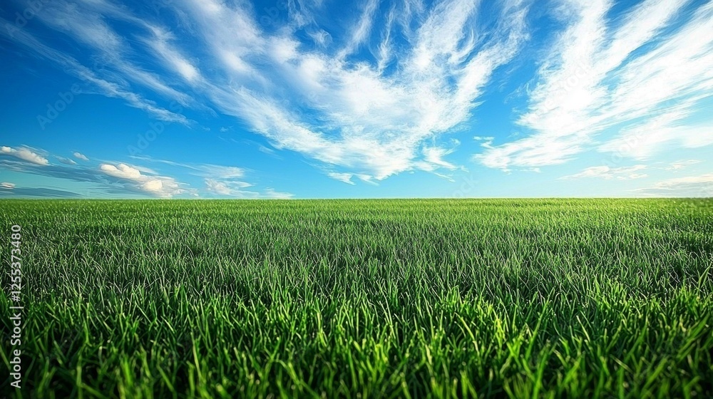 Green Field Under a Sunny Blue Sky with White Clouds  Landscape