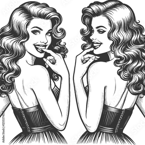 Playful smiling beautiful young woman flirty biting her little finger sketch engraving generative ai fictional character vector illustration. Scratch board imitation. Black and white image.