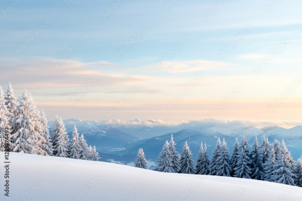Scenic Alpine Winter Snow-Covered Pine Forest with Mountain Peaks - Serene Nature Backdrop for Travel Marketing and Eco Tourism Campaigns Scenic Alpine Winter Snow-Covered Pine Forest with Mountain Peaks - Serene Nature Backdrop for Travel Marketing and Eco Tourism Campaigns