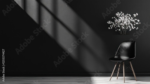 Black and white wall with a chair and a vase of flowers in the interior design of a modern home, a minimalism concept background