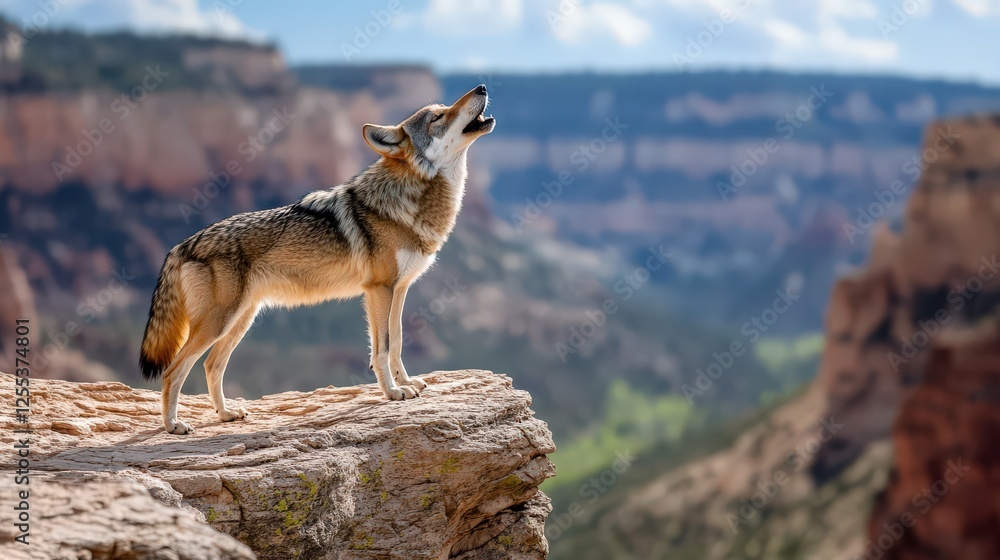 A majestic wolf standing on a rocky cliff, howling at the full moon in the background A majestic wolf standing on a rocky cliff, howling at the full moon in the background