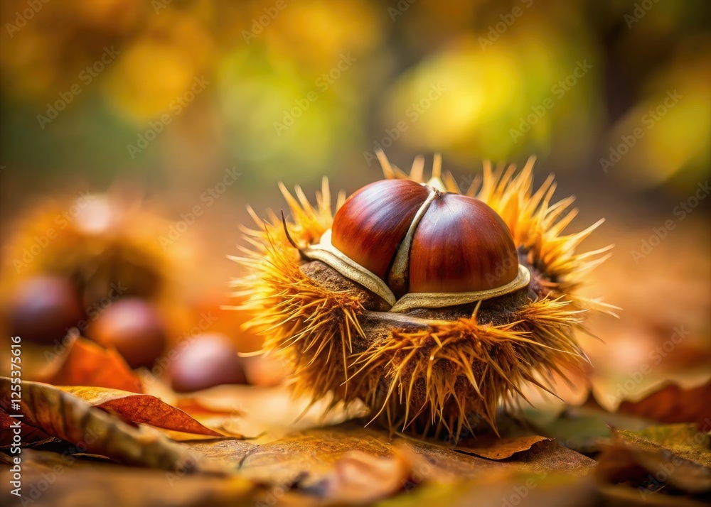 A prickly chestnut shell, autumn's embrace. Macro view reveals nature's intricate detail. A prickly chestnut shell, autumn's embrace. Macro view reveals nature's intricate detail.
