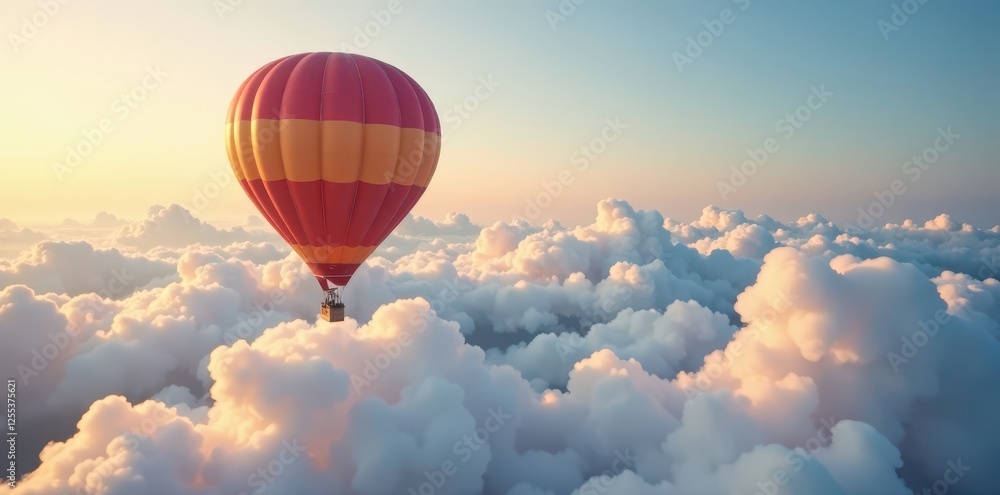Obraz premium Hot air balloon rides high amidst wispy clouds, soft clouds, light and airy, fluffy clouds