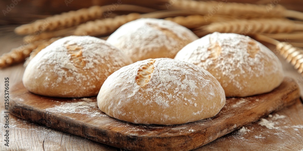 Fresh baked artisan bread on wood, wheat in background. Food photography Fresh baked artisan bread on wood, wheat in background. Food photography
