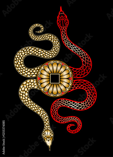 Zwei Schlangen mit chinesischer Münze - Rotes und goldenes Schlangen Design mit mystischem Rad