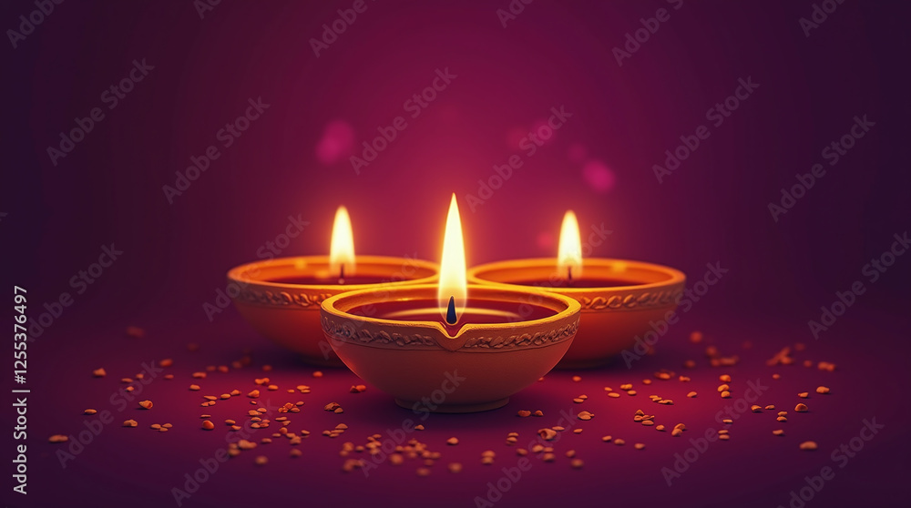 Happy Diwali Lit Diya Lamps for Dipavali Hindu Festival of Lights, Colorful Oil Lamps against Clean Background with Copy Space Happy Diwali Lit Diya Lamps for Dipavali Hindu Festival of Lights, Colorful Oil Lamps against Clean Background with Copy Space