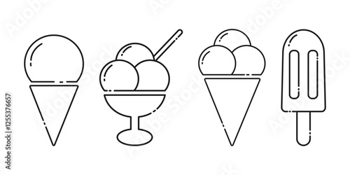 Ice cream on stick, in triangle cone and bowl linear icons Logo Sticker minimalist design idea Set 4
