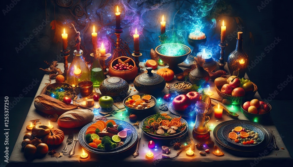 Fototapeta premium A sorcerer’s feast with plates of glowing ingredients