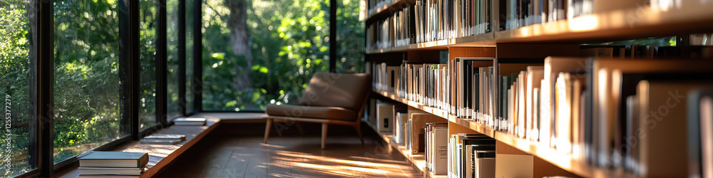 Modern Library Interior with Bookshelves and Natural Light Modern Library Interior with Bookshelves and Natural Light