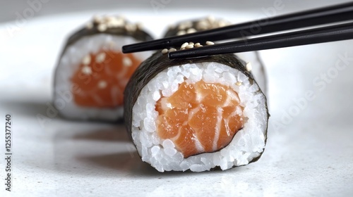 Salmon sushi rolls on plate, chopsticks, close-up, food photography photo