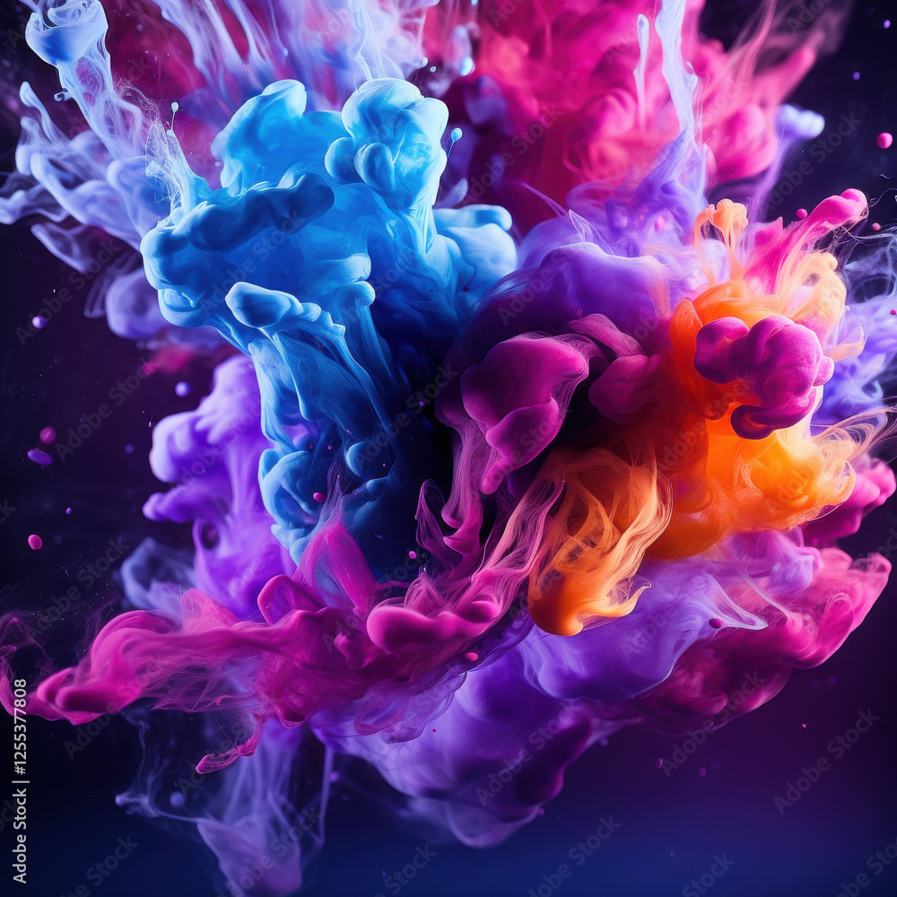 Fototapeta premium Colorful 3D ink explosion in water with swirling blue, purple, and orange smoke effects in dark background