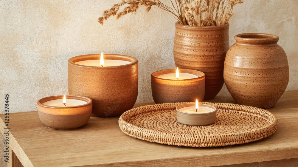 A warm-toned scene with handcrafted candles, ceramic vases, and woven rattan trays arranged on a wooden surface. A warm-toned scene with handcrafted candles, ceramic vases, and woven rattan trays arranged on a wooden surface.