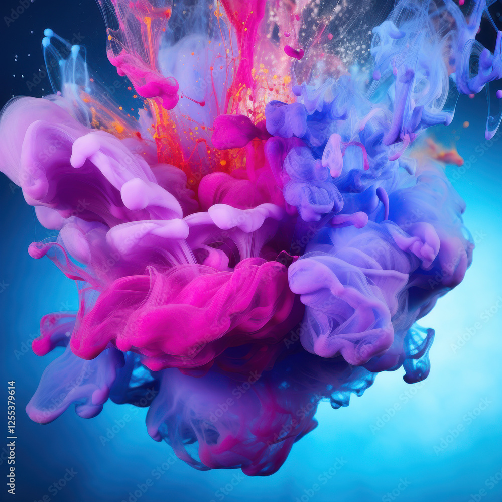 Obraz premium Vibrant ink explosion in water with vivid blues and purples blending smoothly, creating a 3D smoke effect