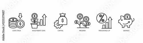 Coin Stack Icon Set Isolated Vector With Icon Of Capital, Prosper, Percentage Up, Savings, Percentage Up, Savings In Outline Style