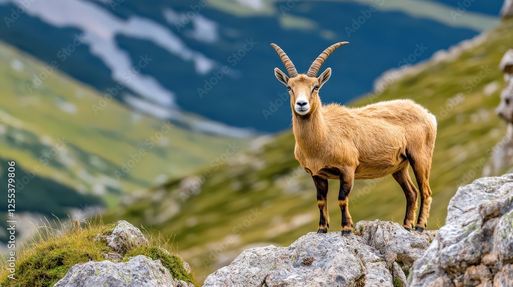 A powerful mountain goat standing proudly on a rocky cliff, surveying the valley below A powerful mountain goat standing proudly on a rocky cliff, surveying the valley below
