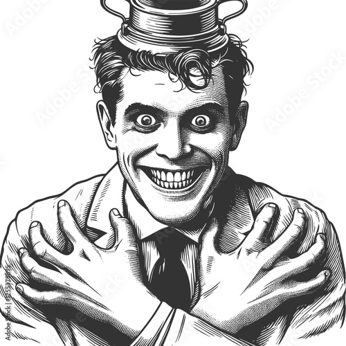 Maniac sinister-looking man with a wide, unsettling grin and intense eyes, madness, horror sketch engraving generative ai fictional character vector illustration. Scratch board. Black and white image.