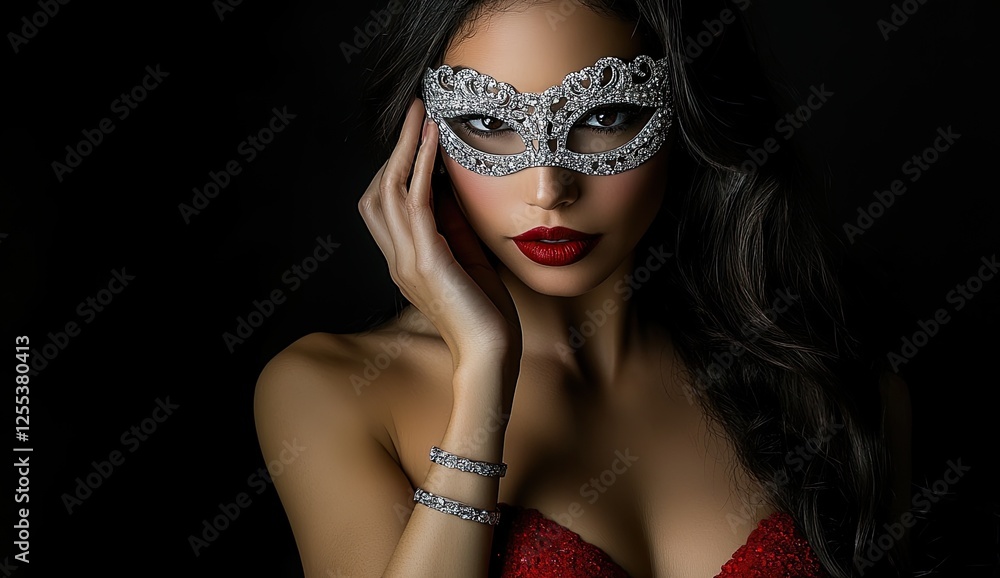 Fototapeta premium A beautiful woman with long, dark hair and red lipstick wears an elegant silver masquerade mask adorned with diamonds