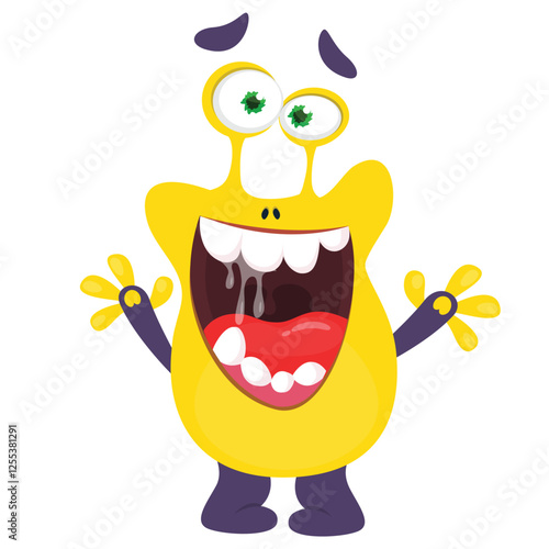 Cartoon cute monster with funny excited face expression waving hands. Vector illustration isolated on white. Halloween design
