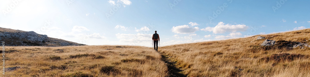 Hiker on Upland Trail with Grassy Terrain and Blue Sky Hiker on Upland Trail with Grassy Terrain and Blue Sky