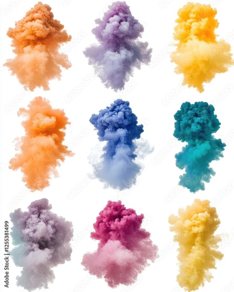 Colored Smoke Bomb Explosions Set Against Pure White Background Colored Smoke Bomb Explosions Set Against Pure White Background