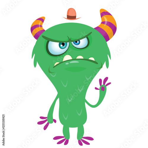Cartoon cute monster with funny excited face expression waving hands. Vector illustration isolated on white. Halloween design