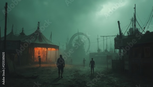 Eerie twilight over abandoned fairground with ghostly figures lingering photo