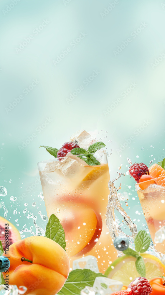 Refreshing fruit infused iced tea with mint and berries splash outdoors Refreshing fruit infused iced tea with mint and berries splash outdoors