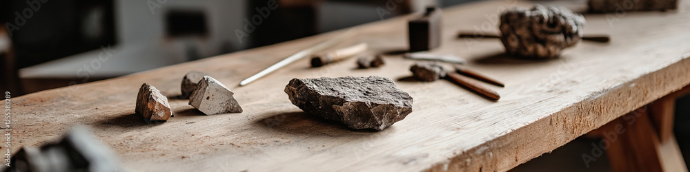 Stone Fragments and Carving Tools on Wooden Workbench Stone Fragments and Carving Tools on Wooden Workbench