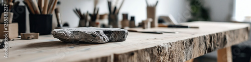 Gray Stone on Rustic Wooden Table with Art Supplies photo