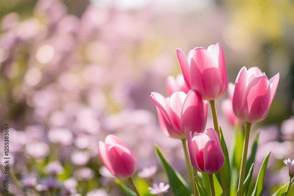 Serene Spring Background with Blooming Pink Tulips, Soft Sunlight, and Dreamy Bokeh for Seasonal Designs Serene Spring Background with Blooming Pink Tulips, Soft Sunlight, and Dreamy Bokeh for Seasonal Designs
