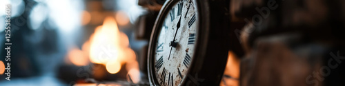 Close-up Photograph of Antique Clock Face with Blurred Background