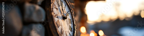 Antique Clock Face on Stone Wall with Sunset Background