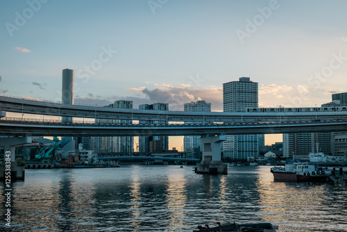 Tokyo cityscape and its elevated monorail tracks during sunset photo