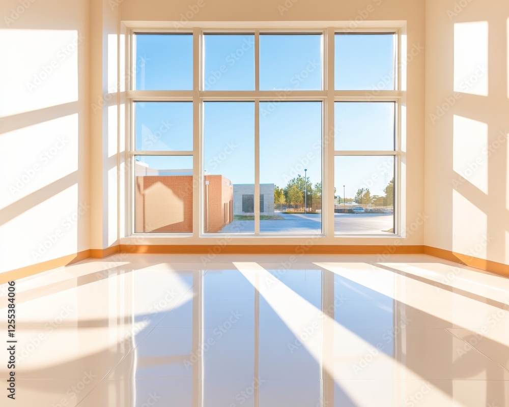 Fototapeta premium Minimalist Glass Architecture Sunlit Empty Room with Polished Floors - Commercial Space Design and Energy Efficiency for Innovative Office and Retail Development