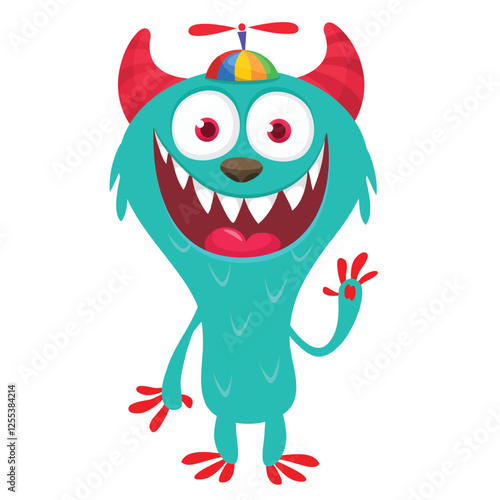 Cartoon cute monster with funny excited face expression waving hands. Vector illustration isolated on white. Halloween design