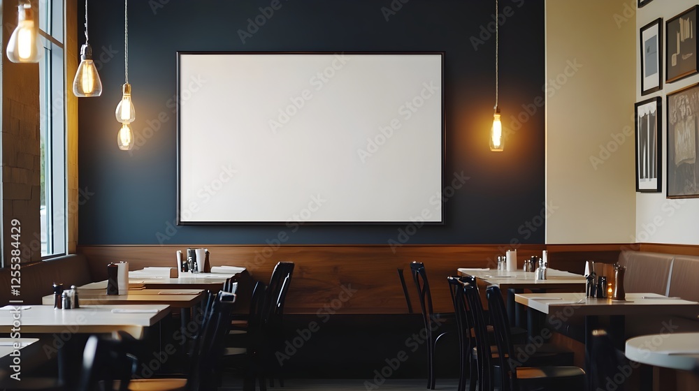 A sleek, high-end bistro with modern lighting fixtures and a framed white canvas. A sleek, high-end bistro with modern lighting fixtures and a framed white canvas.