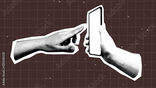halftone hand holding smart  phone. Modern monochrome vector rock illustration punk design poster in trendy halfton Collage style