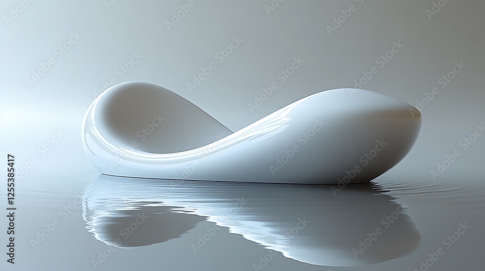 White sleek sculpted furniture on a water like reflective surface