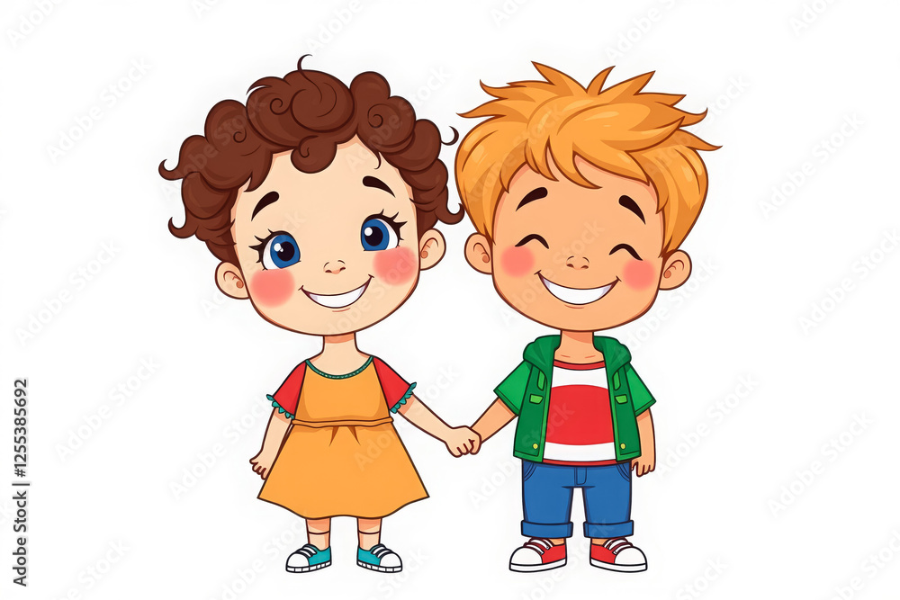 Adorable Cartoon Illustration of a Happy Boy and Girl Holding Hands – Cute Friendship and Childhood Concept with Bright Colors Adorable Cartoon Illustration of a Happy Boy and Girl Holding Hands – Cute Friendship and Childhood Concept with Bright Colors