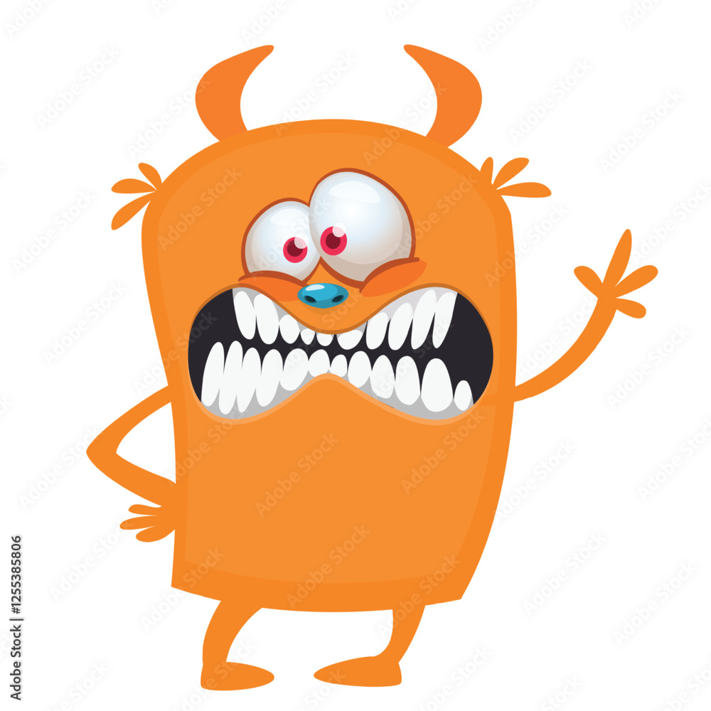 Cartoon cute monster with funny excited face expression waving hands. Vector illustration isolated on white. Halloween design Cartoon cute monster with funny excited face expression waving hands. Vector illustration isolated on white. Halloween design