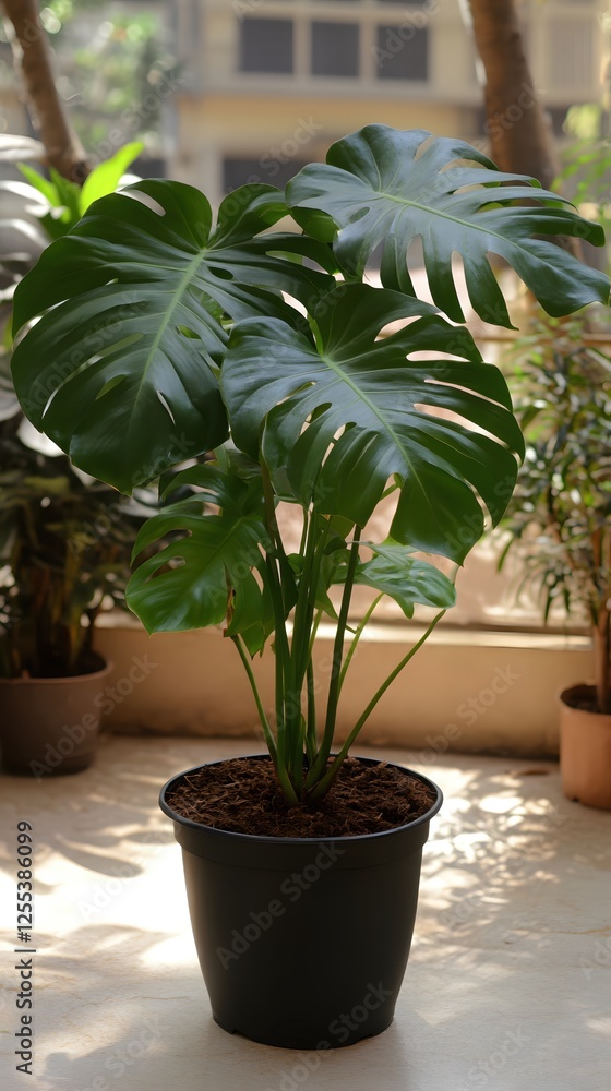 Fototapeta premium Lush Monstera Deliciosa Plant in Black Pot with Sunlight Streaming Through a Window Indoors