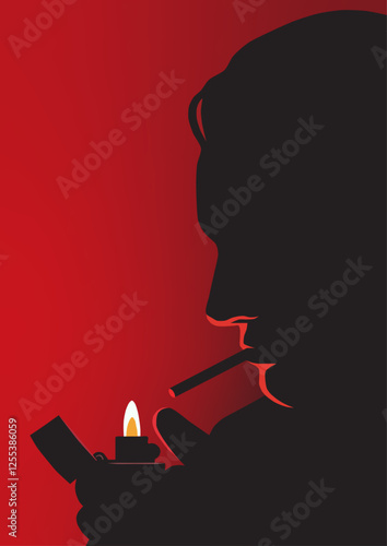 A man smokes a cigarette in front of a red background