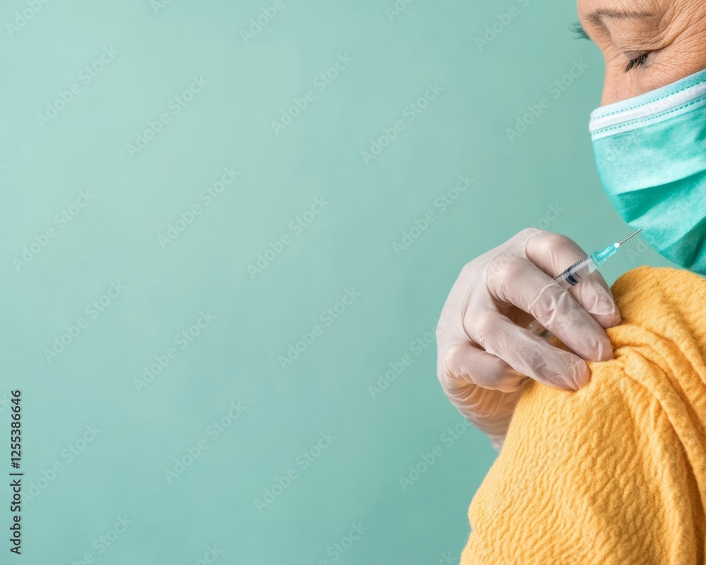 Fototapeta premium Serene Medical Safety Healthcare Worker in Protective Gear Administering Vaccine - Trust-Building Stock for Global Health Campaigns and Public Safety Promotion