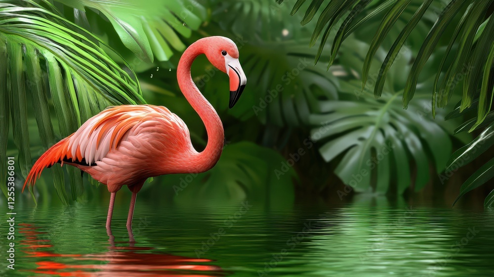 Fototapeta premium A stylized flamingo standing gracefully in a tropical lagoon, surrounded by lush green foliage