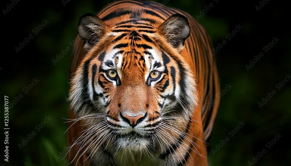 Fototapeta premium A captivating scene of a determined Sumatran tiger prowling directly toward the camera, showcasing its sleek and muscular frame