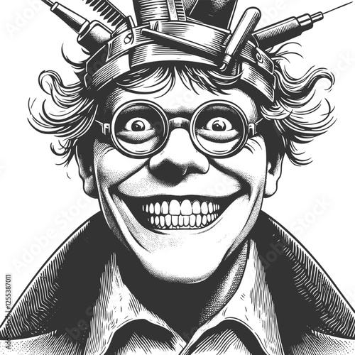 crazed scientist laughing maniacally with syringes in their hair, essence of chaotic science and eccentricity sketch engraving generative ai vector illustration. Black and white image.